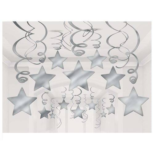 Silver Stars Hanging Swirls - 30ct